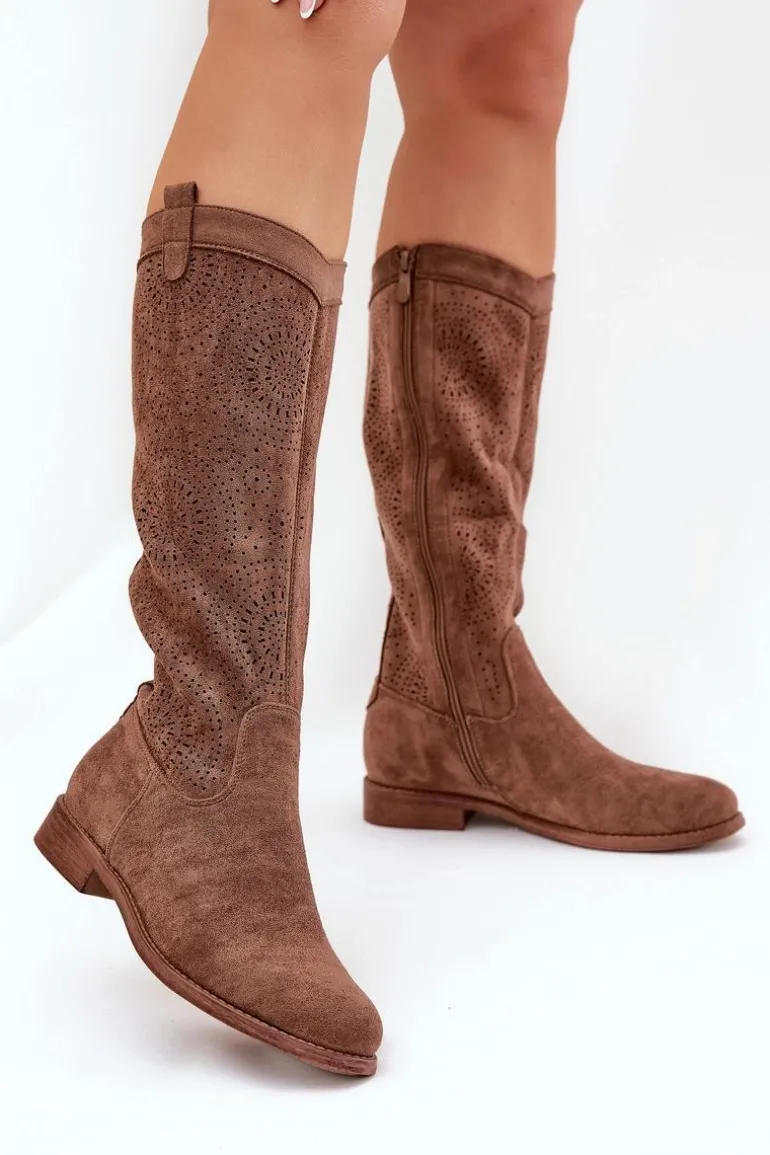 Kozaki Z Ażurową Cholewką Na Płaskim Obcasie S.Barski HY51-860 Brązowe