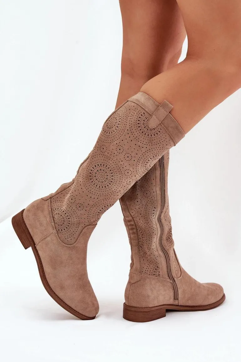 Kozaki Z Ażurową Cholewką Na Płaskim Obcasie S.Barski HY51-860 Beżowe