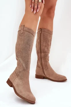 Kozaki Z Ażurową Cholewką Na Płaskim Obcasie S.Barski HY51-860 Beżowe