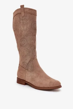 Kozaki Z Ażurową Cholewką Na Płaskim Obcasie S.Barski HY51-860 Beżowe