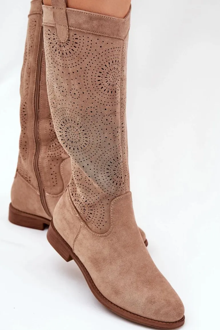 Kozaki Z Ażurową Cholewką Na Płaskim Obcasie S.Barski HY51-860 Beżowe