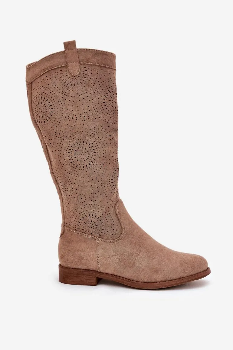 Kozaki Z Ażurową Cholewką Na Płaskim Obcasie S.Barski HY51-860 Beżowe