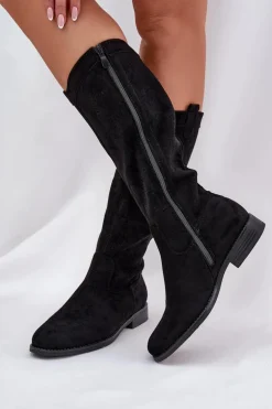 Kozaki Z Ażurową Cholewką Na Płaskim Obcasie S.Barski HY51-860 Czarne