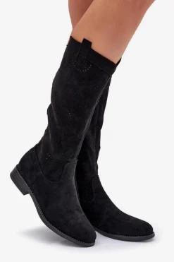 Kozaki Z Ażurową Cholewką Na Płaskim Obcasie S.Barski HY51-860 Czarne