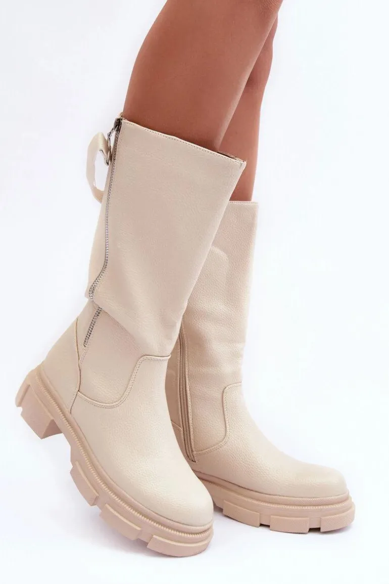 Kozaki Z Cholewką Do Połowy Łydki Jasnobeżowe Lizames