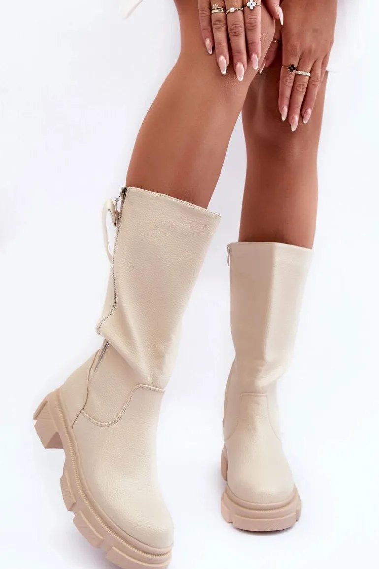 Kozaki Z Cholewką Do Połowy Łydki Jasnobeżowe Lizames