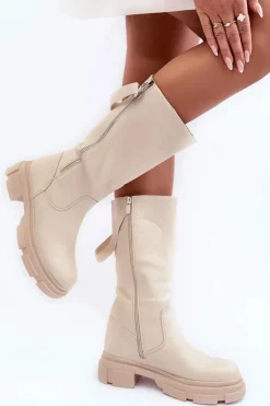 Kozaki Z Cholewką Do Połowy Łydki Jasnobeżowe Lizames