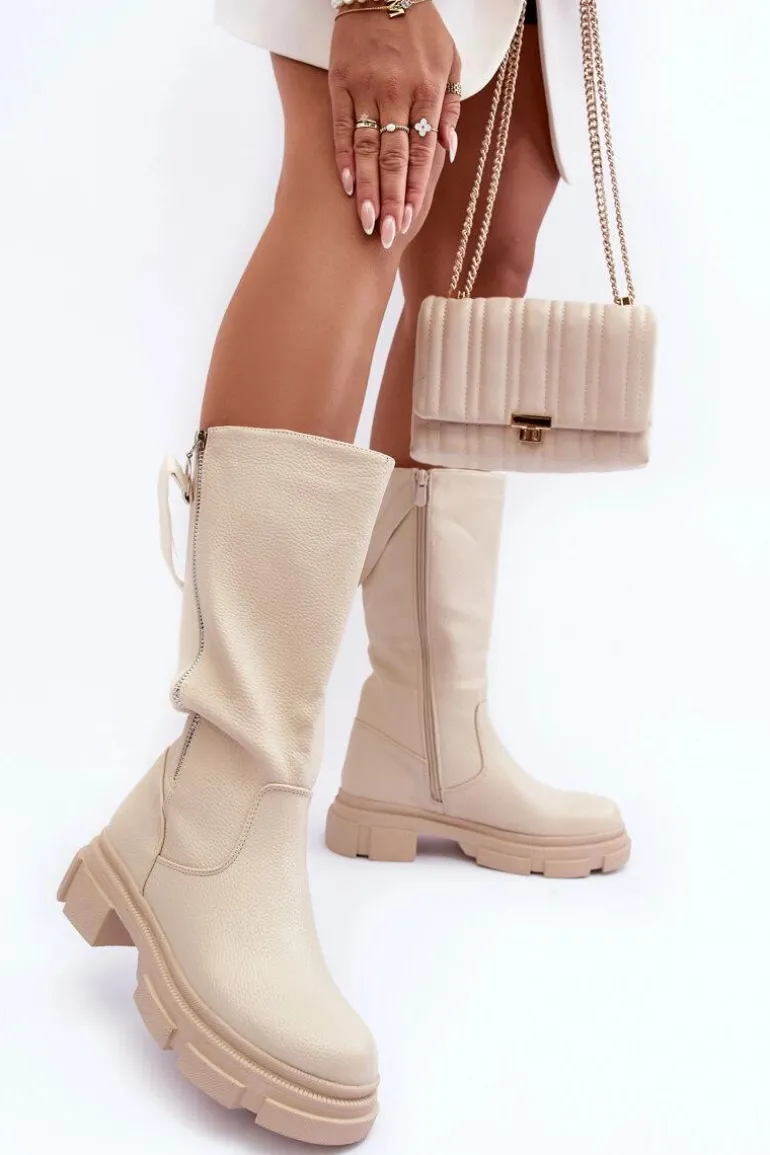 Kozaki Z Cholewką Do Połowy Łydki Jasnobeżowe Lizames