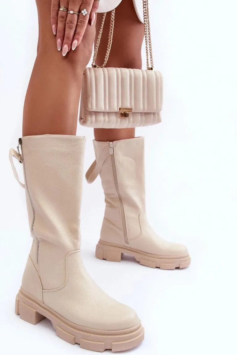 Kozaki Z Cholewką Do Połowy Łydki Jasnobeżowe Lizames