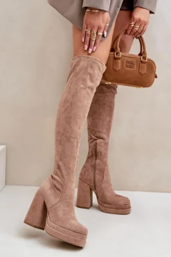 Kozaki Z Cholewką Za Kolano Na Słupku I Platformie Beżowe Nadelian