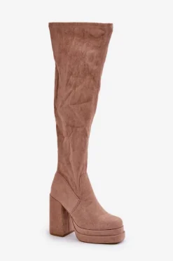 Kozaki Z Cholewką Za Kolano Na Słupku I Platformie Beżowe Nadelian