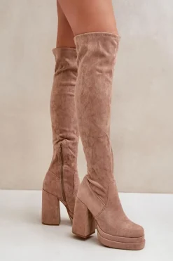 Kozaki Z Cholewką Za Kolano Na Słupku I Platformie Beżowe Nadelian