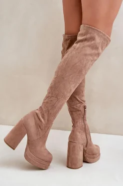 Kozaki Z Cholewką Za Kolano Na Słupku I Platformie Beżowe Nadelian