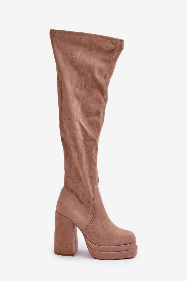 Kozaki Z Cholewką Za Kolano Na Słupku I Platformie Beżowe Nadelian