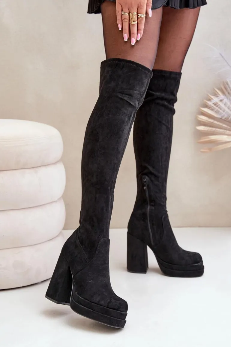 Kozaki Z Cholewką Za Kolano Na Słupku I Platformie Czarne Nadelian