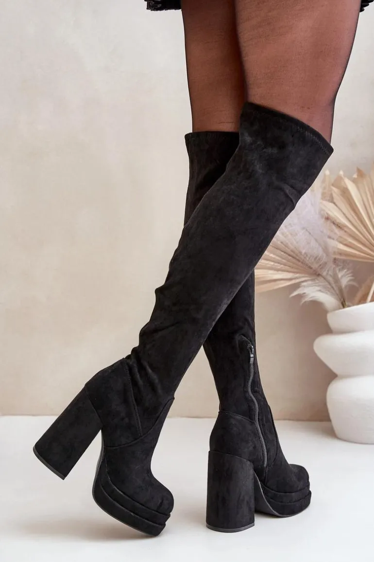 Kozaki Z Cholewką Za Kolano Na Słupku I Platformie Czarne Nadelian