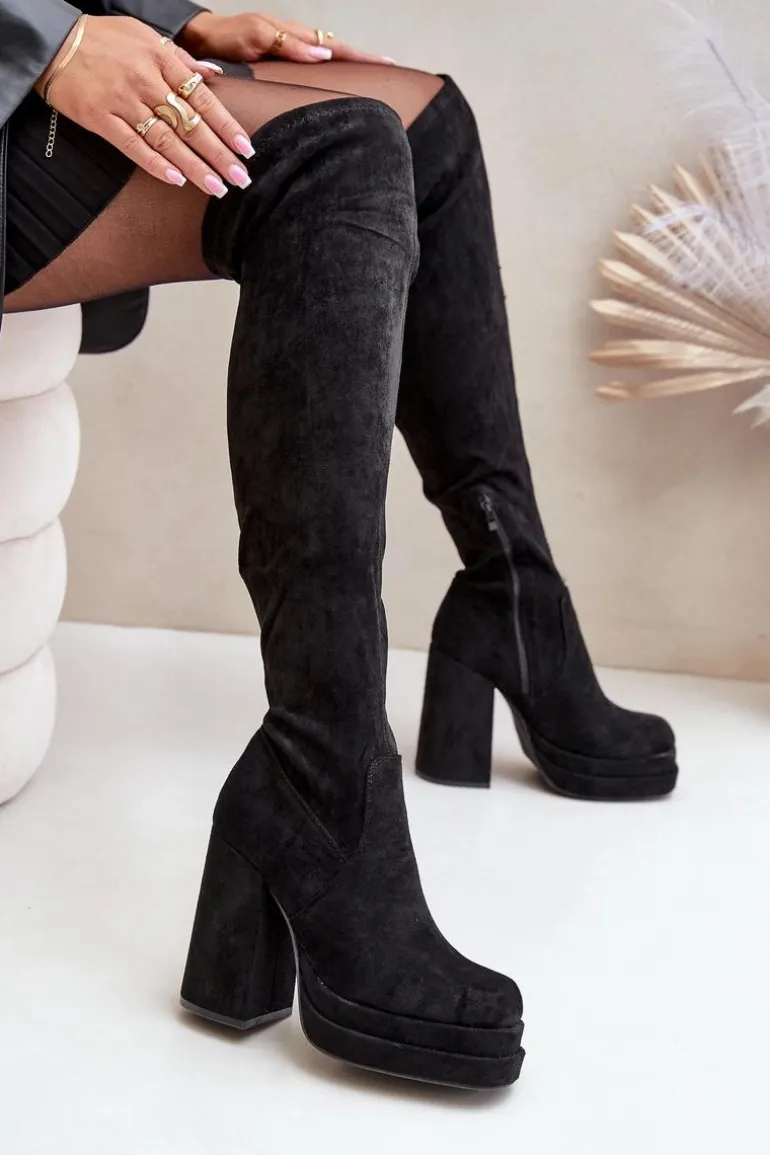 Kozaki Z Cholewką Za Kolano Na Słupku I Platformie Czarne Nadelian