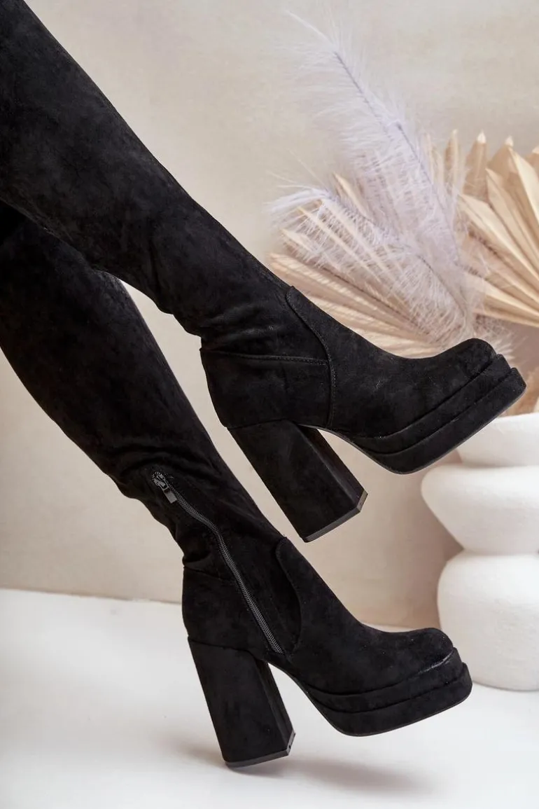 Kozaki Z Cholewką Za Kolano Na Słupku I Platformie Czarne Nadelian