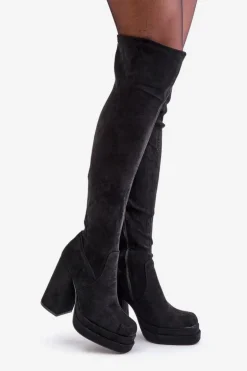 Kozaki Z Cholewką Za Kolano Na Słupku I Platformie Czarne Nadelian