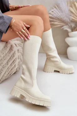 Kozaki Z Elastyczną Cholewką Na Płaskim Obcasie Jasnobeżowe Mesidra