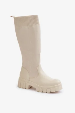 Kozaki Z Elastyczną Cholewką Na Płaskim Obcasie Jasnobeżowe Mesidra