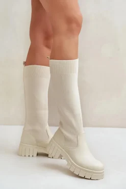 Kozaki Z Elastyczną Cholewką Na Płaskim Obcasie Jasnobeżowe Mesidra