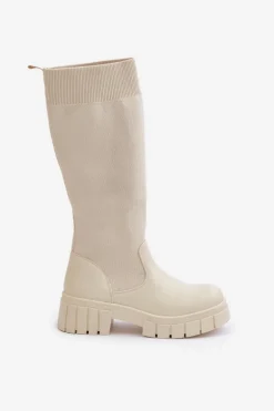 Kozaki Z Elastyczną Cholewką Na Płaskim Obcasie Jasnobeżowe Mesidra