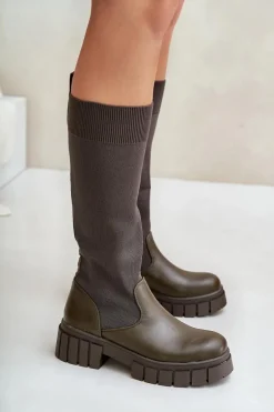 Kozaki Z Elastyczną Cholewką Na Płaskim Obcasie Ciemnozielone Mesidra