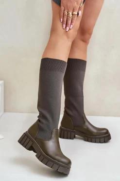 Kozaki Z Elastyczną Cholewką Na Płaskim Obcasie Ciemnozielone Mesidra