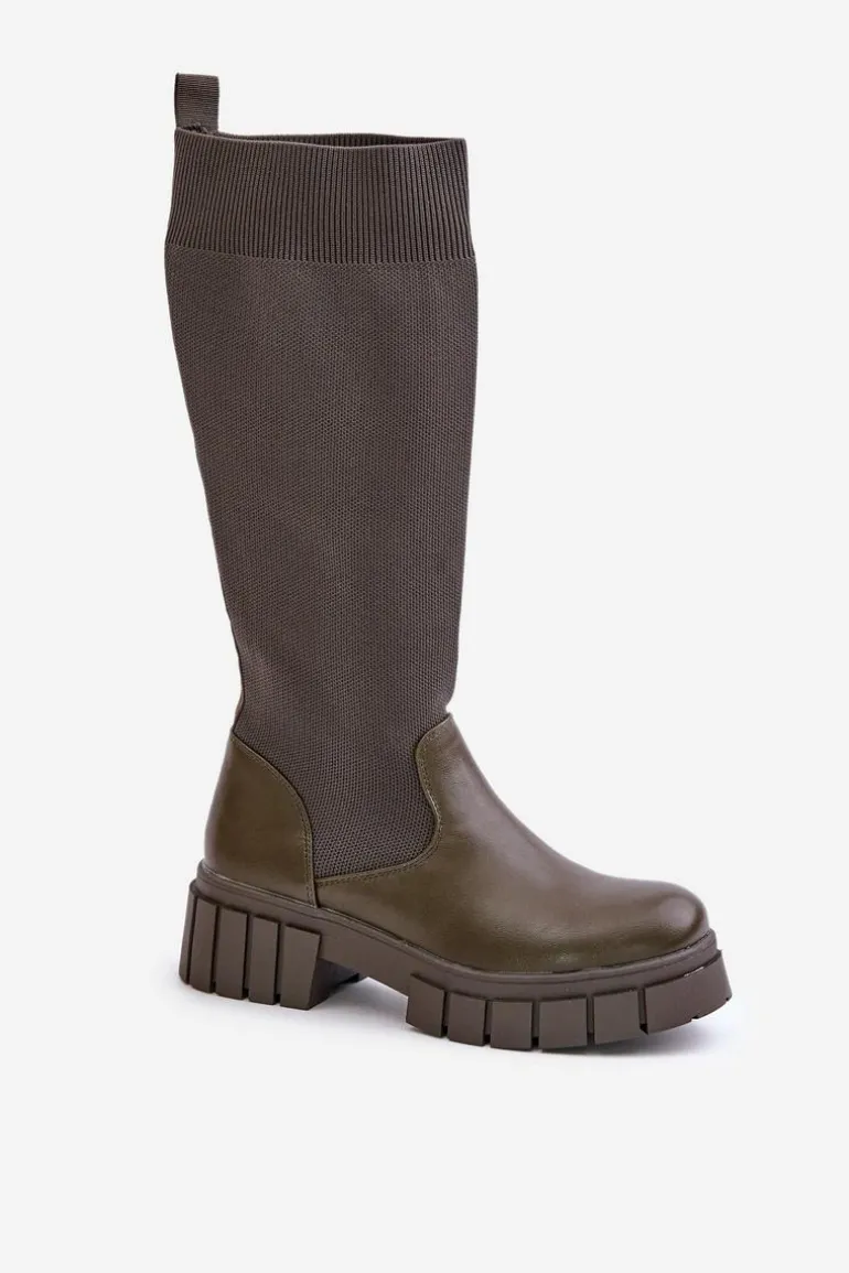 Kozaki Z Elastyczną Cholewką Na Płaskim Obcasie Ciemnozielone Mesidra