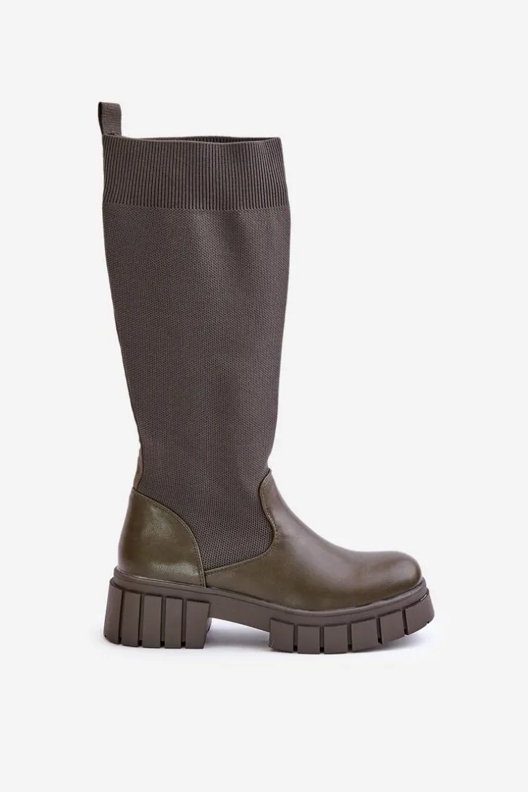 Kozaki Z Elastyczną Cholewką Na Płaskim Obcasie Ciemnozielone Mesidra