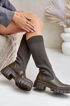 Kozaki Z Elastyczną Cholewką Na Płaskim Obcasie Ciemnozielone Mesidra