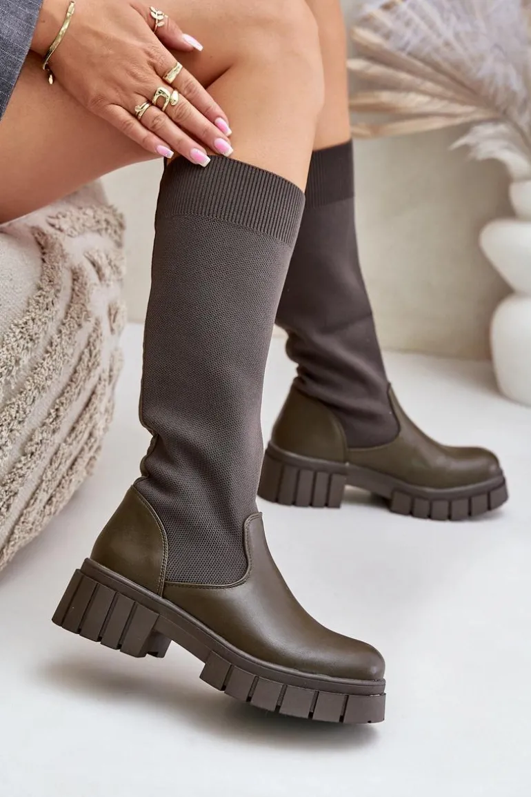 Kozaki Z Elastyczną Cholewką Na Płaskim Obcasie Ciemnozielone Mesidra