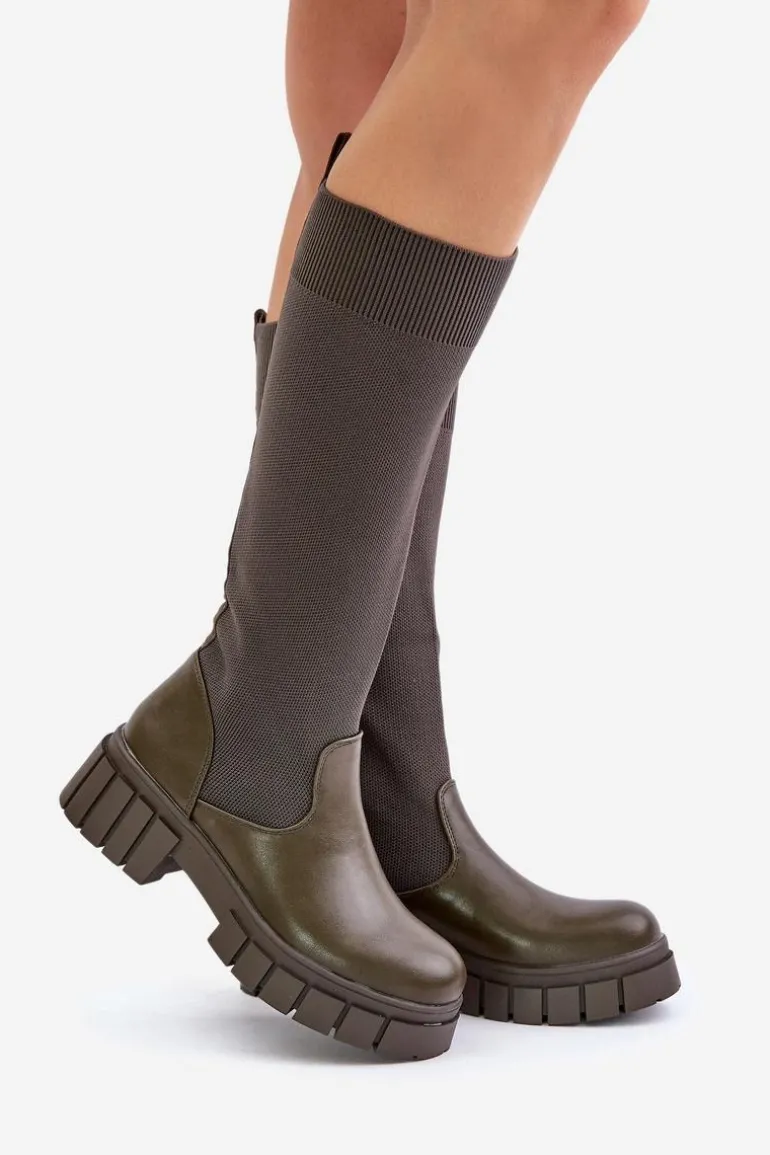 Kozaki Z Elastyczną Cholewką Na Płaskim Obcasie Ciemnozielone Mesidra