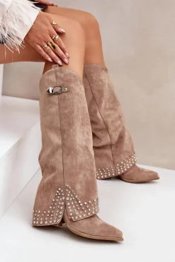 Kozaki Z Wywiniętą Cholewką Na Słupku Ciemnobeżowe Iveliri