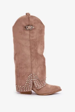 Kozaki Z Wywiniętą Cholewką Na Słupku Ciemnobeżowe Iveliri