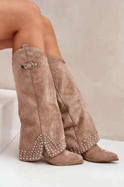 Kozaki Z Wywiniętą Cholewką Na Słupku Ciemnobeżowe Iveliri