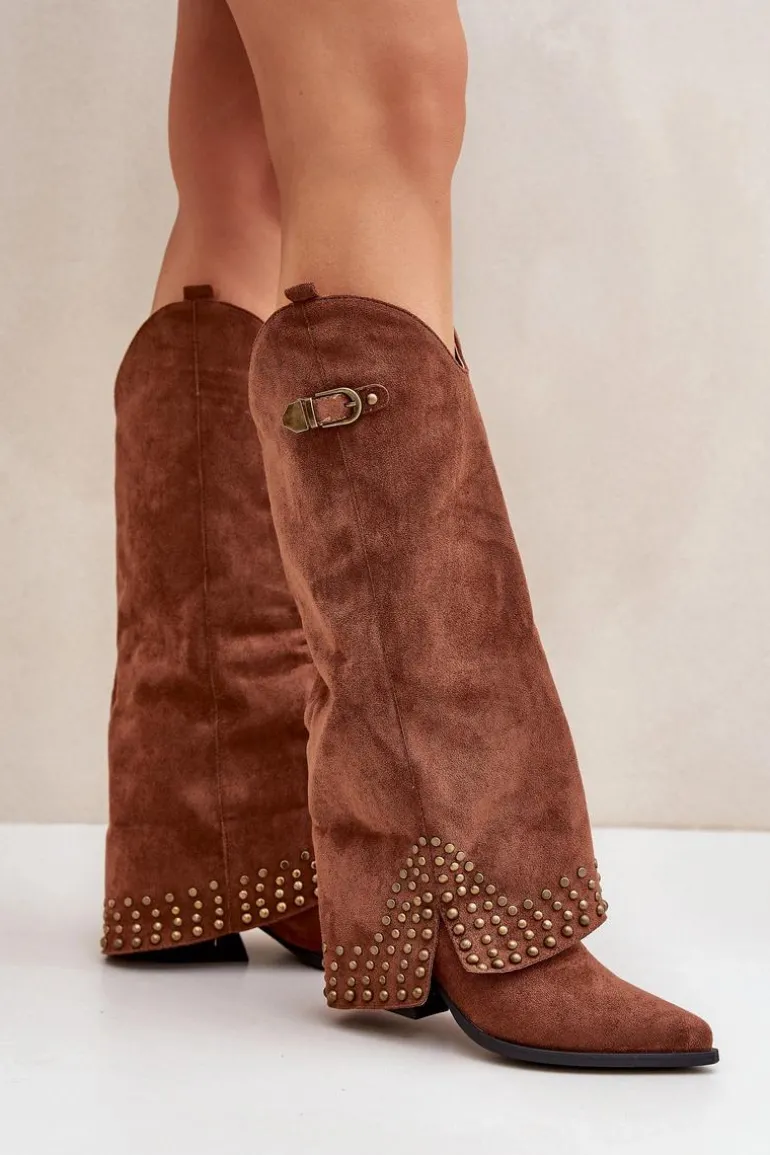 Kozaki Z Wywiniętą Cholewką Na Słupku Brązowe Iveliri