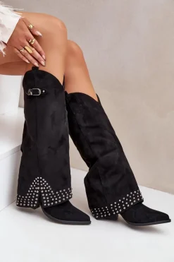 Kozaki Z Wywiniętą Cholewką Na Słupku Czarne Iveliri