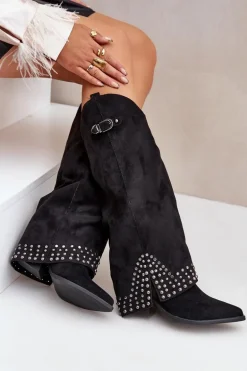 Kozaki Z Wywiniętą Cholewką Na Słupku Czarne Iveliri