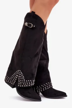 Kozaki Z Wywiniętą Cholewką Na Słupku Czarne Iveliri