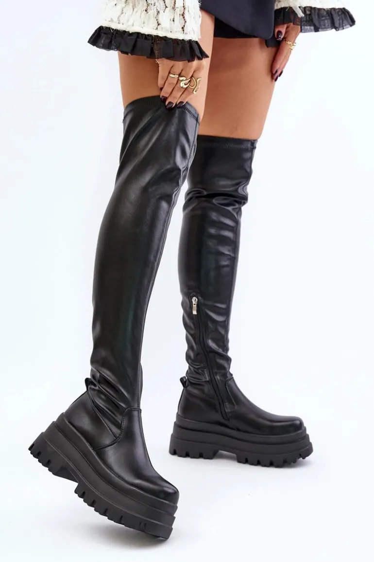 Kozaki Za Kolano Na Masywnej Platformie Czarne Zinera