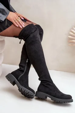 Kozaki Za Kolano Na Płaskim Obcasie Z Eko Zamszu Czarne Arkelia