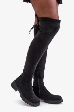 Kozaki Za Kolano Na Płaskim Obcasie Z Eko Zamszu Czarne Arkelia
