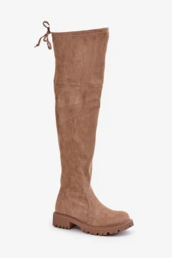 Kozaki Za Kolano Na Płaskim Obcasie Z Eko Zamszu Beżowe Arkelia