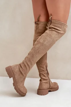 Kozaki Za Kolano Na Płaskim Obcasie Z Eko Zamszu Beżowe Arkelia