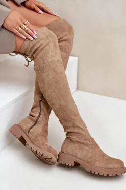 Kozaki Za Kolano Na Płaskim Obcasie Z Eko Zamszu Beżowe Arkelia