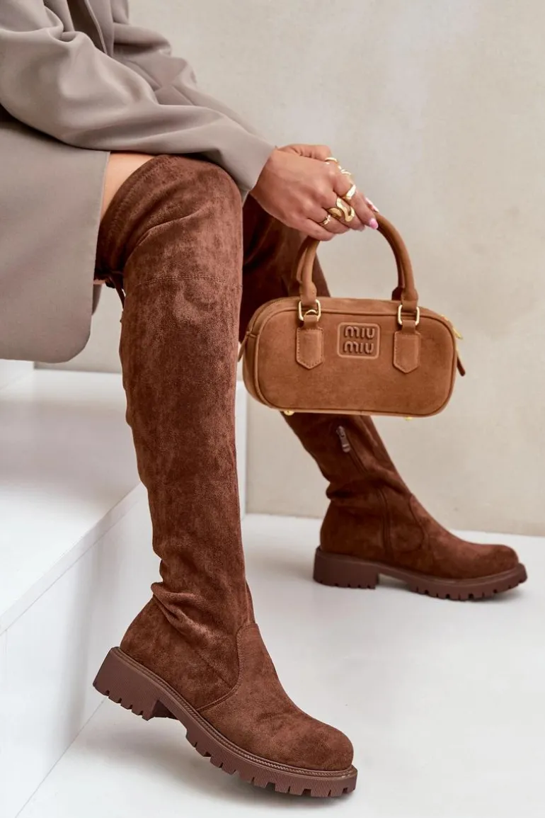 Kozaki Za Kolano Na Płaskim Obcasie Z Eko Zamszu Brązowe Arkelia