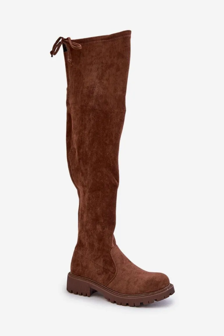Kozaki Za Kolano Na Płaskim Obcasie Z Eko Zamszu Brązowe Arkelia