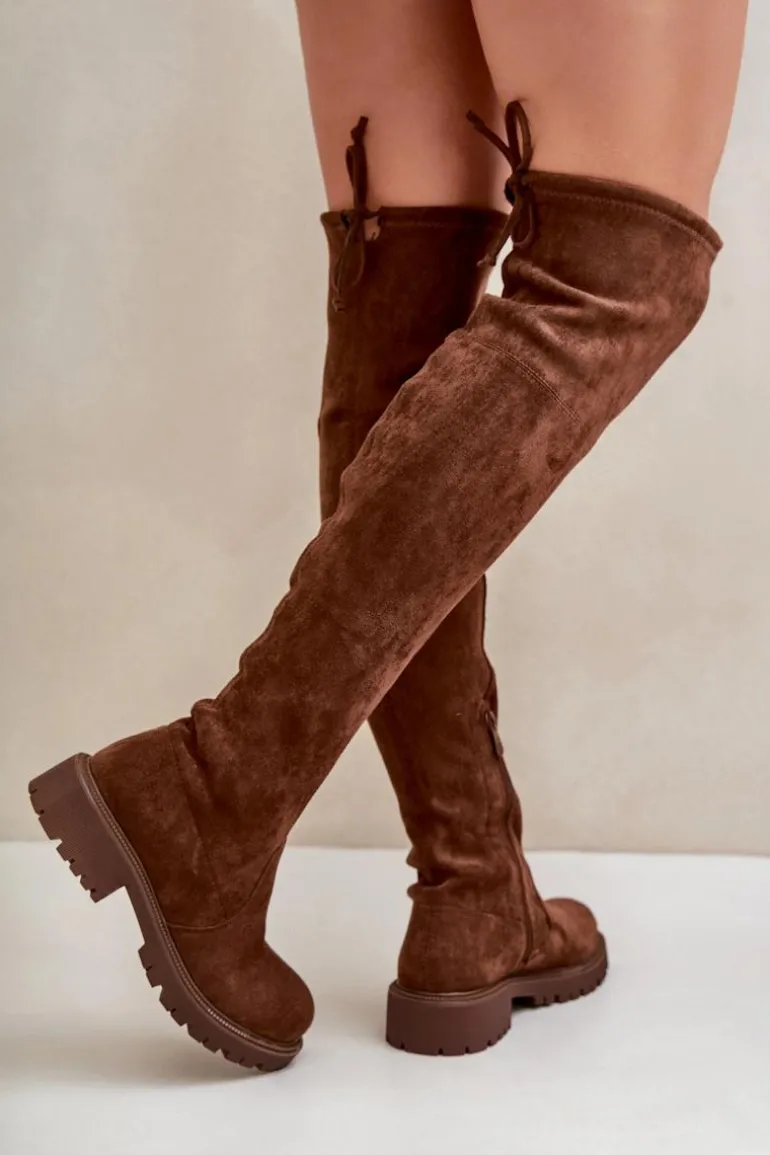 Kozaki Za Kolano Na Płaskim Obcasie Z Eko Zamszu Brązowe Arkelia